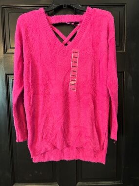 Pink Rose V-Neck Sweater with Crisscross Back